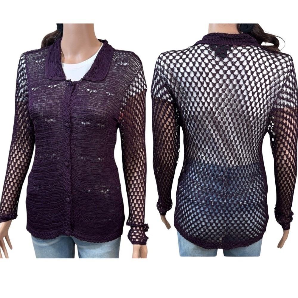 Carole Little Petite‎ Womens Purple Crochet Knit Cardigan Button Front Rayon PS
